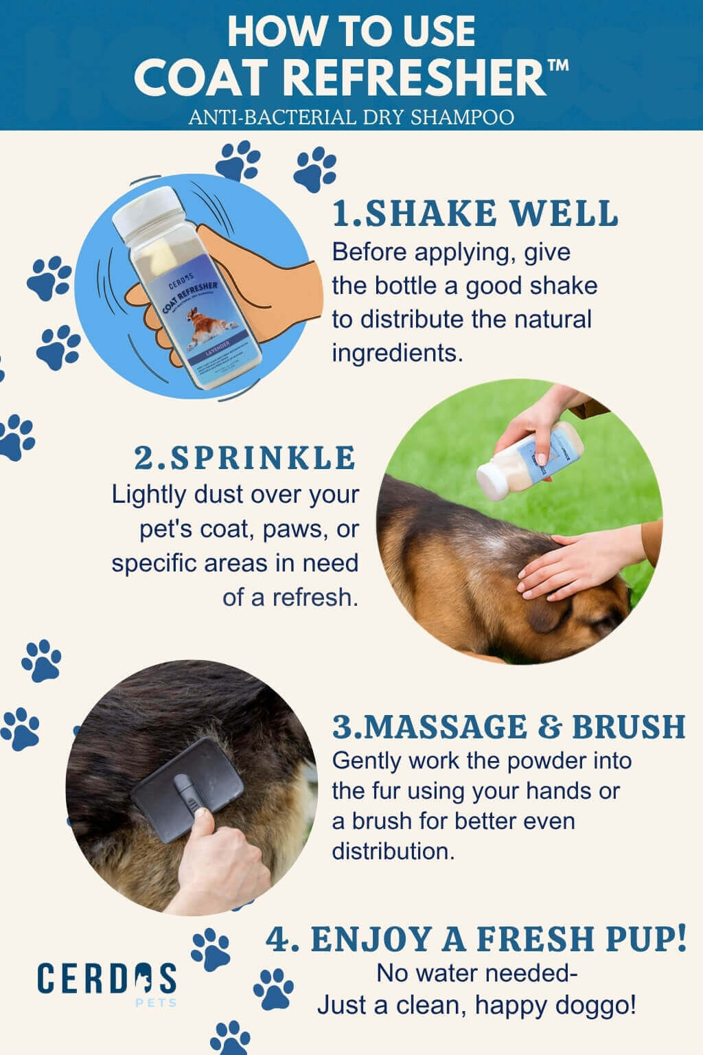 details on how to use coat refresher dry shampoo powder for dogs